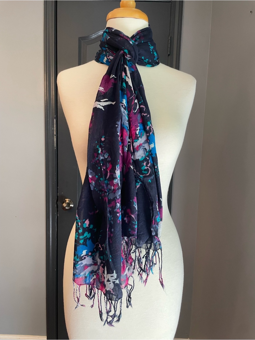 Express Black Cotton Scarf with Pink, Teal & White Floral Print
